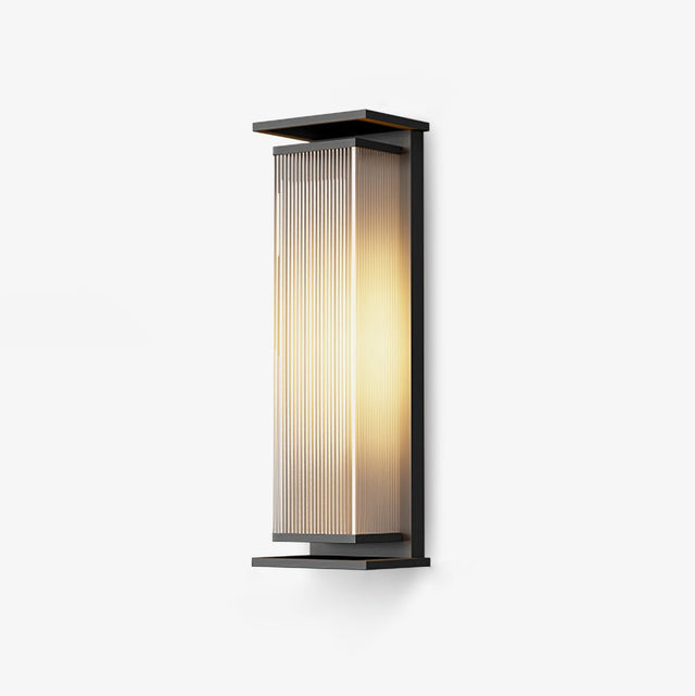 Long box frame wall light in black holding a ribbed translucent tube