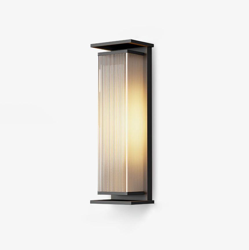 Long box frame wall light in black holding a ribbed translucent tube