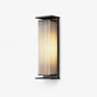 Long box frame wall light in black holding a ribbed translucent tube