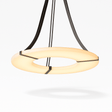 A flat alabaster ring lit, held by three black straps from a short stem