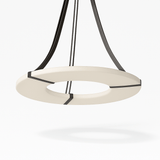 The same alabaster ring unlit, three black straps meeting a short stem