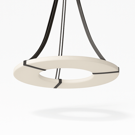 The same alabaster ring unlit, three black straps meeting a short stem