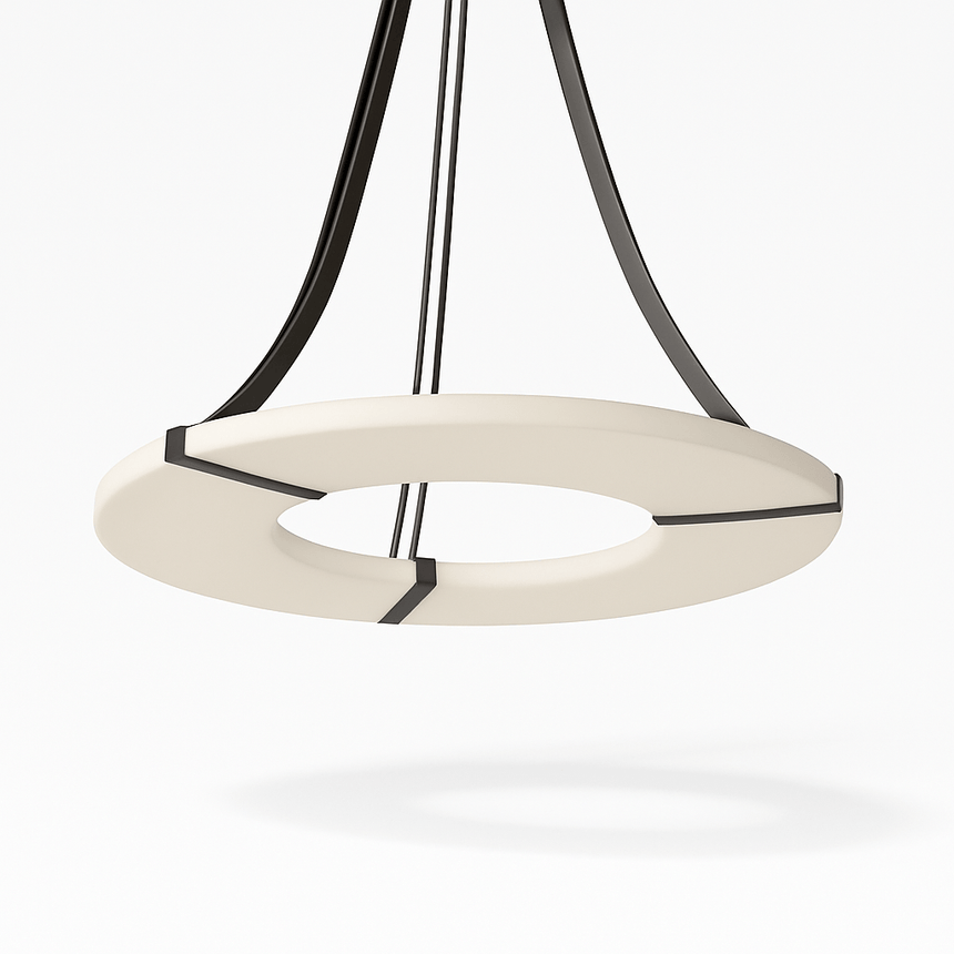 The same alabaster ring unlit, three black straps meeting a short stem