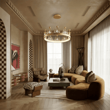 The lit ring in a living room with sofas, stools and a herringbone wood floor