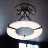 The lit ring below a plaster ceiling rose in a room with a tall window
