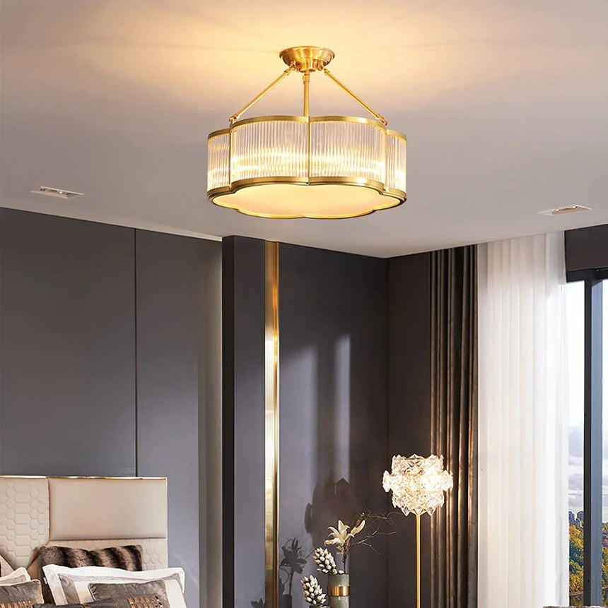 Lit drum above a dining area with long curtains and a window beyond