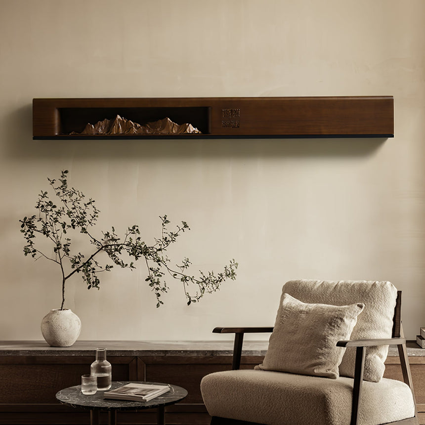 Walnut panel lit with small vessels resting along its flat top edge