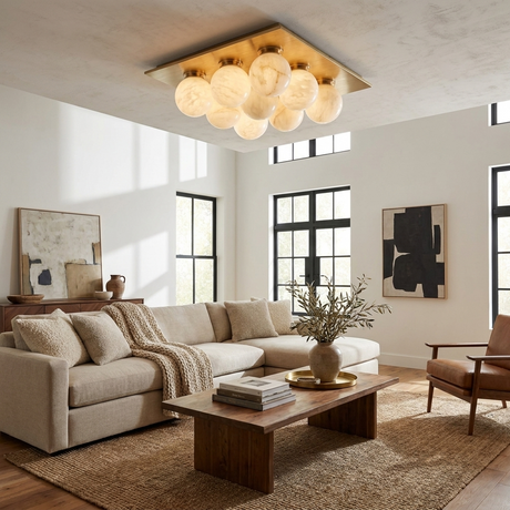 Nine ball alabaster ceiling light in a living room with black framed windows