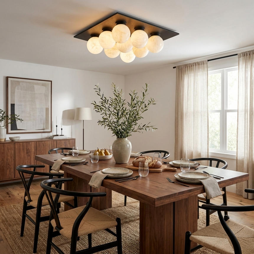 Nine ball alabaster ceiling light above a dining table with black metal chairs