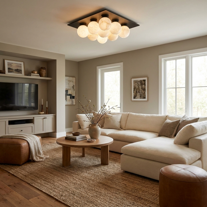 Nine ball alabaster ceiling light above a sectional sofa facing a wall mounted screen