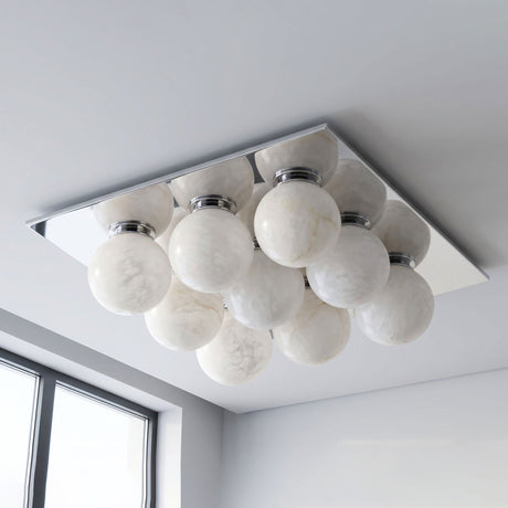 Brushed nickel version of the nine ball alabaster ceiling light seen from below