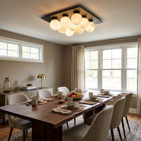 Nine ball alabaster ceiling light above a dining table beside two tall windows