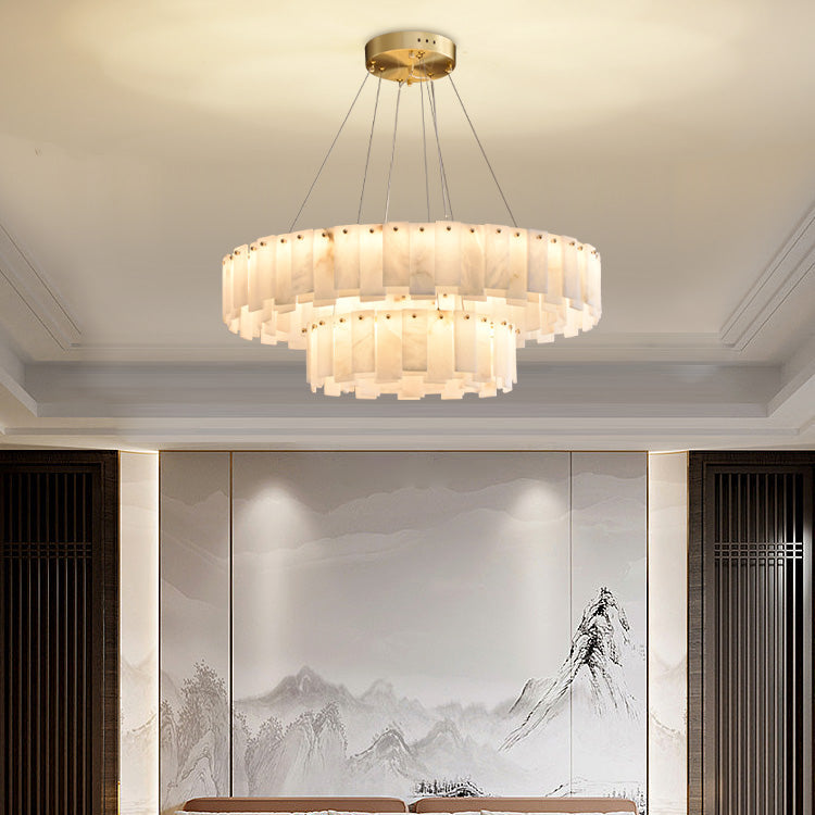 Marble ring chandelier above a dining table