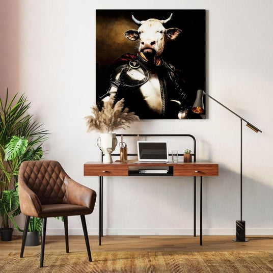 The lit lamp reaching over a timber desk with a chair and framed artwork above