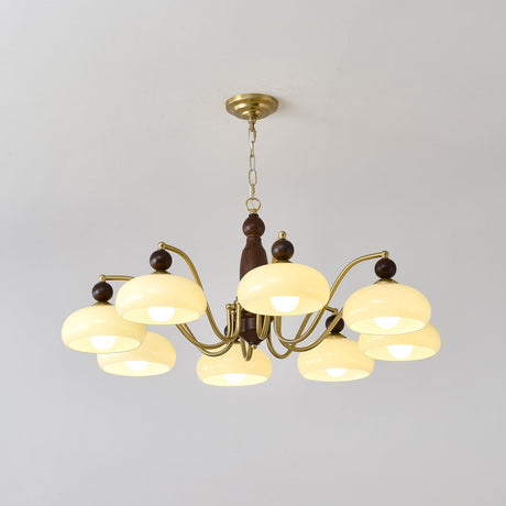 The chandelier seen from below in a room, arms radiating outward