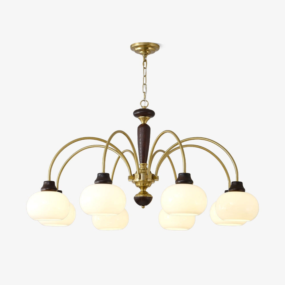 Chandelier with brass arcs and white opal globes on a walnut column