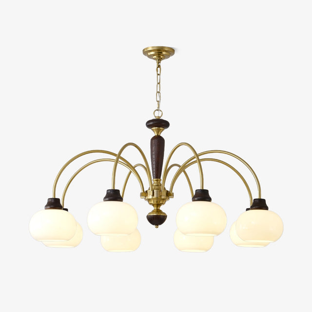 Chandelier with brass arcs and white opal globes on a walnut column