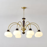 Chandelier seen in full height with chain, column, arms and globes