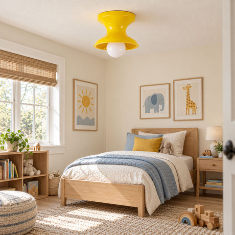 Yellow spool ceiling light in a child bedroom with a striped bed cover