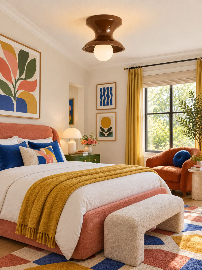 Red spool ceiling light above a bed with a yellow throw and bright prints