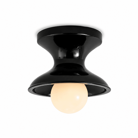 Glossy navy spool ceiling light shown lit on a white backdrop