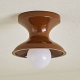 Close view of the red spool ceiling light with a round opal globe