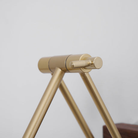 Close view of the brass scissor arm and the knurled joints that set its angle
