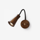 Walnut cone head on a black gooseneck arm with a round wood plate