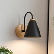 Black iron cone lit on a curved stem rising from a round wood backplate