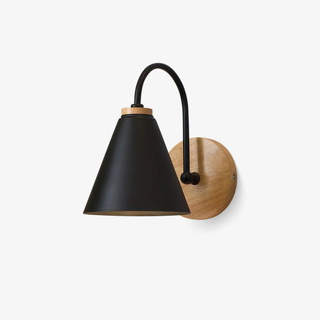 Mid century wall sconce, a black iron cone on a curved stem and a wood disc