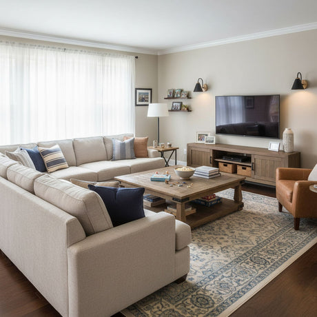 Sconces lit above a sectional sofa beside a low cabinet and a rug