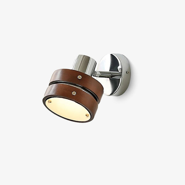 Mid century wall sconce, a walnut drum head on a chrome arm and plate