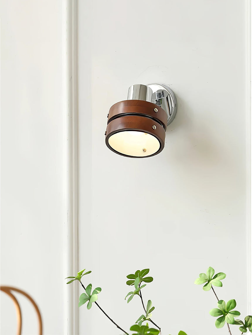 Sconce unlit on a wall with green leaves reaching in from the side