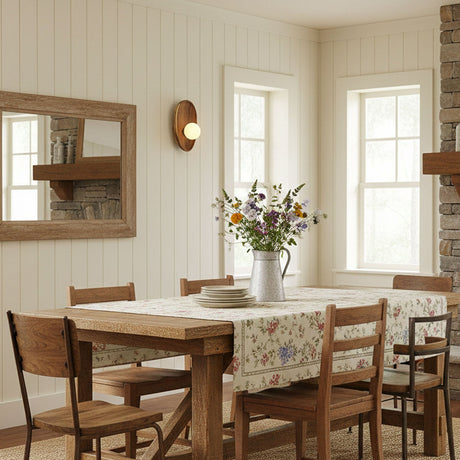 Sconce lit on a plank dining wall beside a mirror and a table with flowers