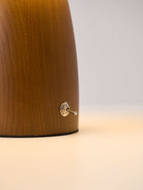 Close view of the turned walnut base and the small switch on its side