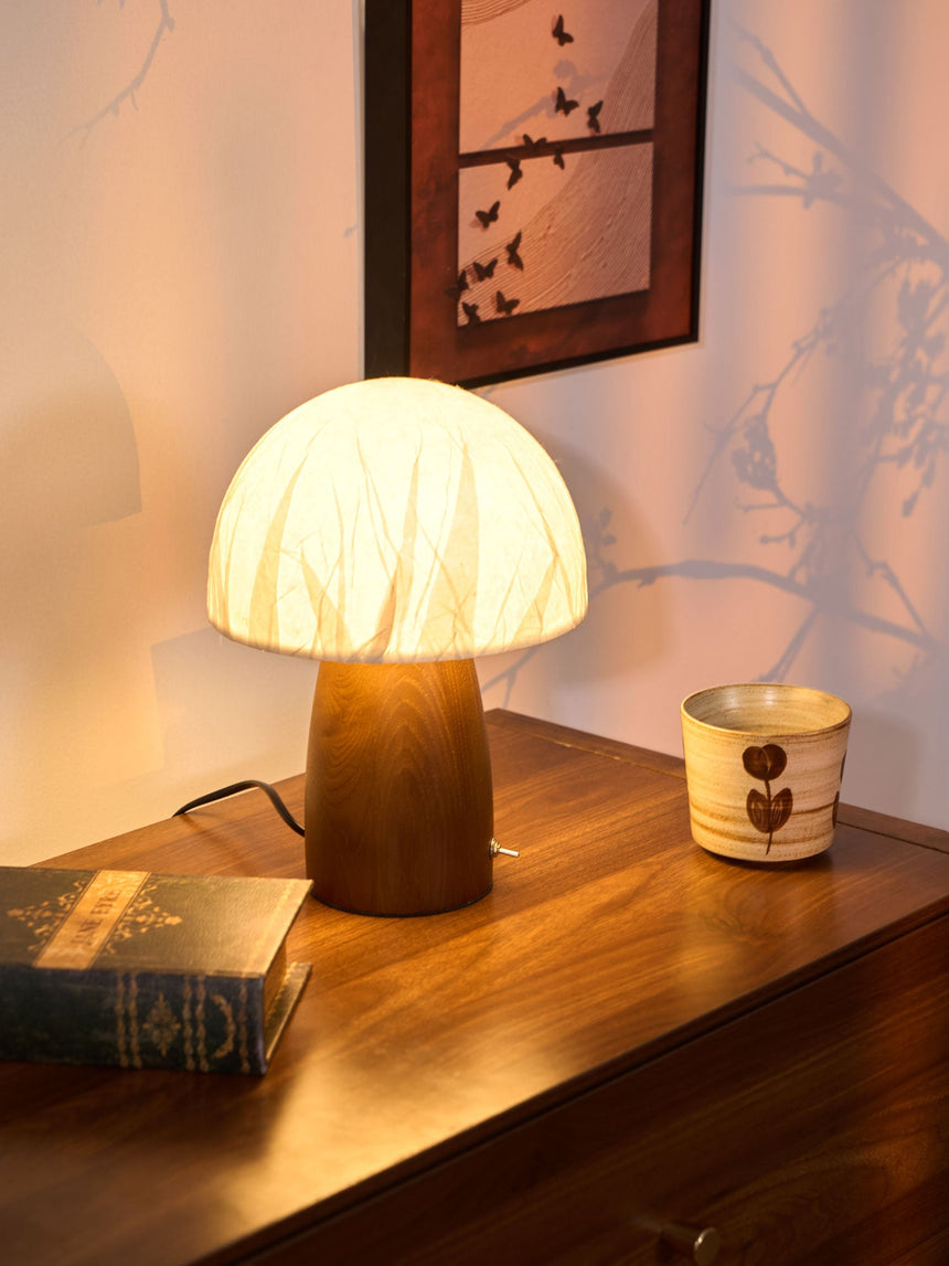Mini table lamp lit on a wooden chest in front of a framed picture
