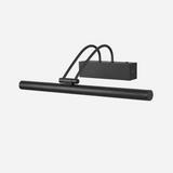 The black version seen at an angle, a dark tube under two curved arms