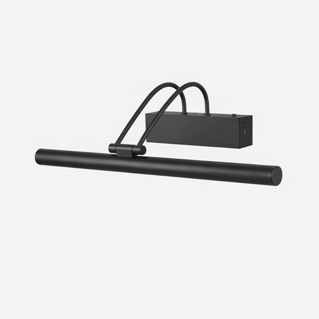 The black version seen at an angle, a dark tube under two curved arms