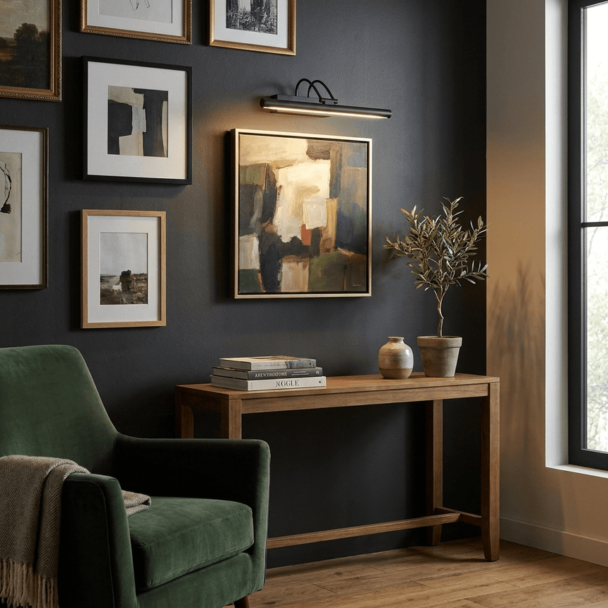 Black bar lit above a framed picture on a wall of frames over a console table