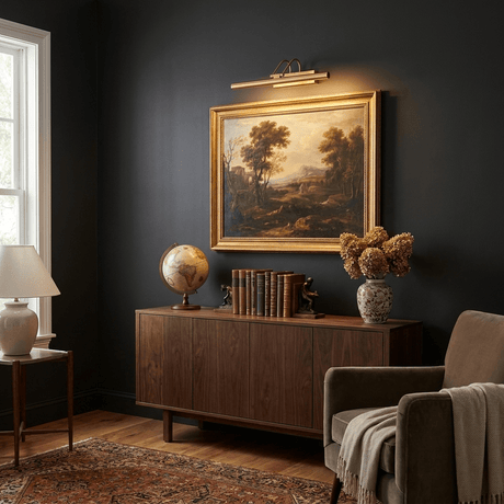 Gold bar lit above a framed painting over a walnut console with books and a vase