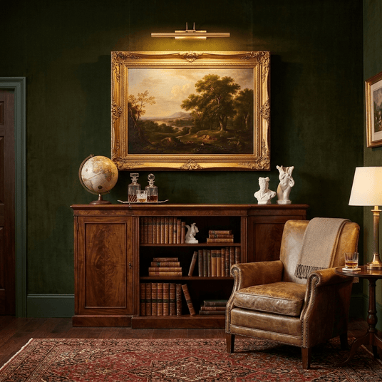 Gold bar lit above a gilt framed landscape over a cabinet in a dark green room