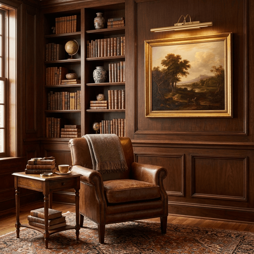 Gold bar lit above a framed painting in a paneled study with a leather armchair