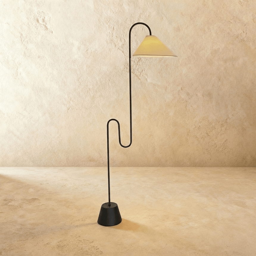 A black stem bending twice below a hook that carries a cream cone shade