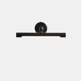 The black version seen straight on, a short bar under a round black wall plate