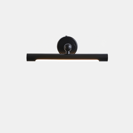 The black version seen straight on, a short bar under a round black wall plate