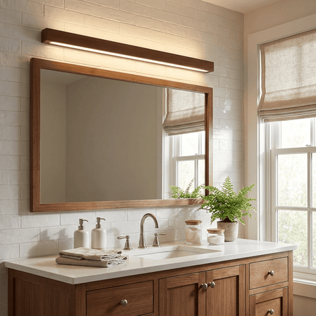 Walnut bar lit above a wide mirror in a plain tiled bathroom
