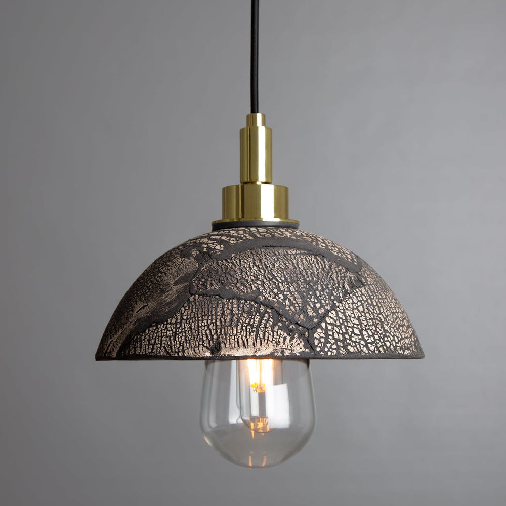 Ceramic dome pendant light with black clay crackled finish