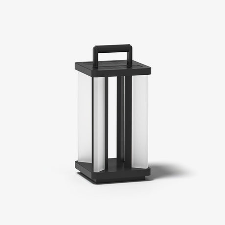 Square steel lantern with pale panels and a flat bar handle on top