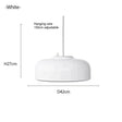 Dimension card for the white pendant lamp, 42 cm across and 27 cm deep