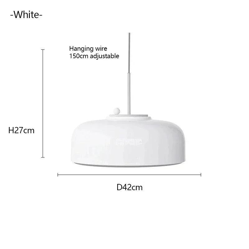 Dimension card for the white pendant lamp, 42 cm across and 27 cm deep